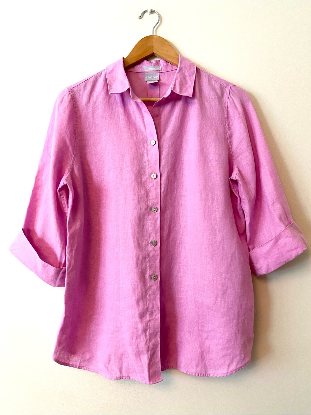 Chico's Pink Linen No-Iron Button Up Top Blouse Casual Butter Summer Sz 0 (US 4)
